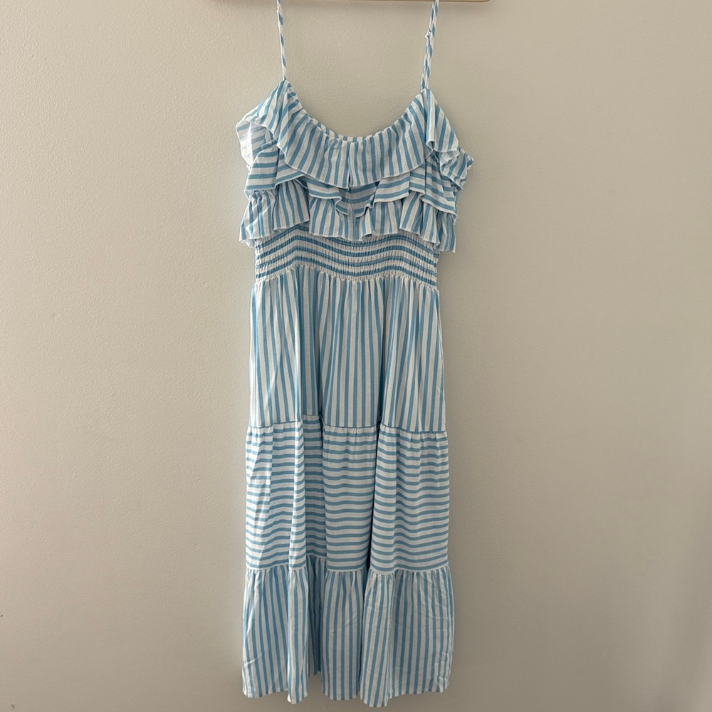 Aqua Blue and White Striped Ruffle Dress
